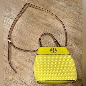 Tory Burch Yellow Woven Bucket Crossbody Bag